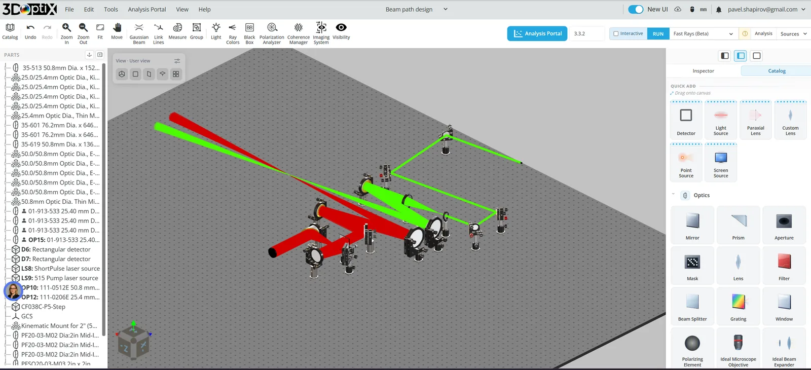 Beam path traced through a lens train in the 3DOptix design studio
