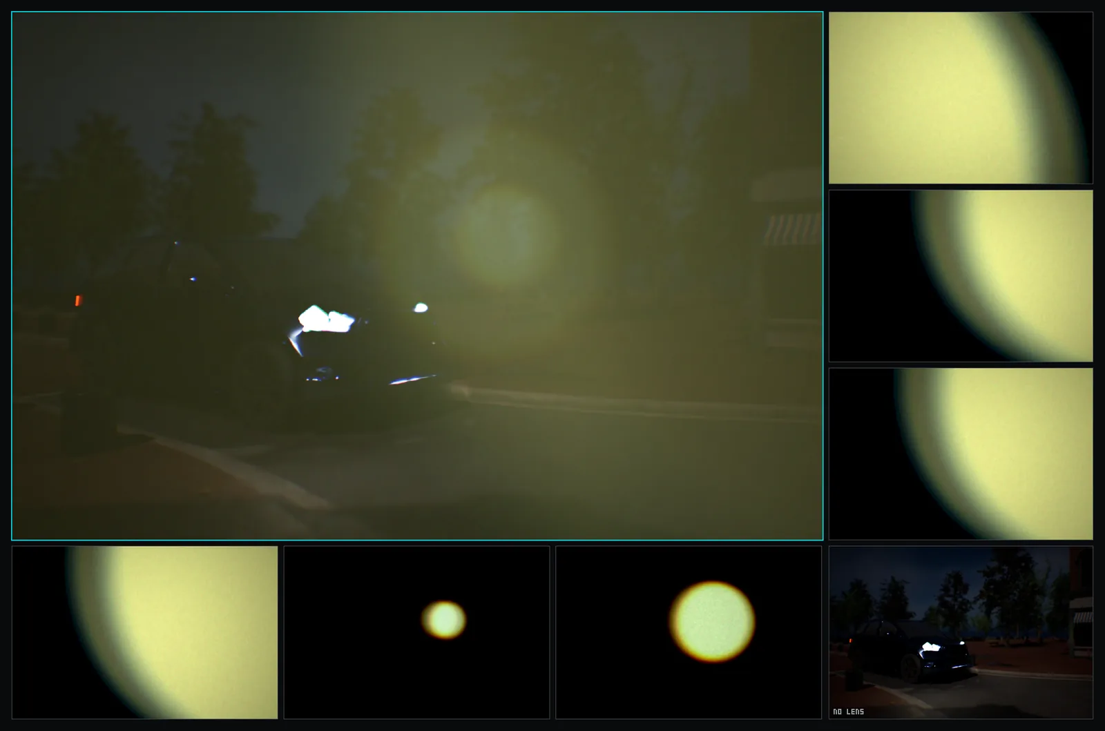 Night driving frame showing headlight bloom and veiling glare