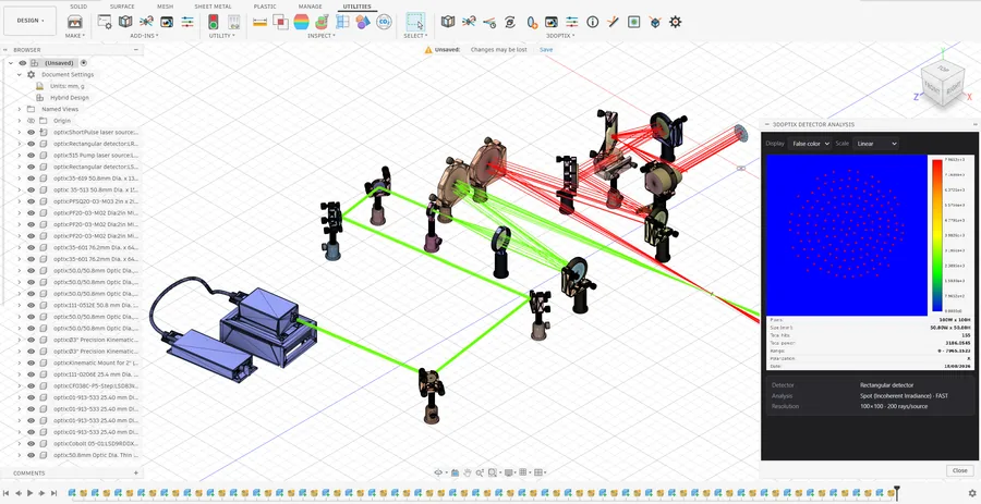 Beam paths and a detector analysis inside a CAD assembly