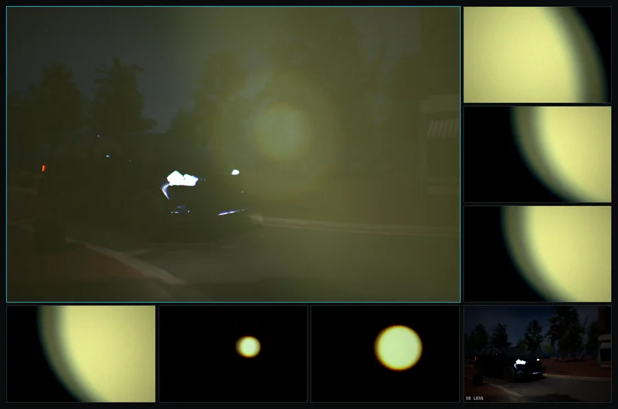 Night driving frame with headlight bloom and veiling glare