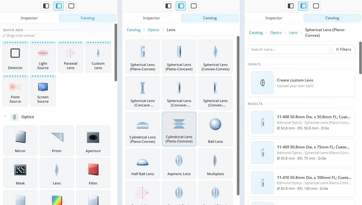 Three states of the Catalog panel side by side: Quick Add chips above the Optics type grid; the Lens subtype grid; and the Spherical Lens results list with its search box, Filters button and Create custom Lens entry