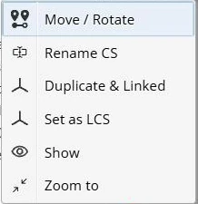 The context menu of a CS node: Move / Rotate, Rename CS, Duplicate & Linked, Set as LCS, Show, Zoom to