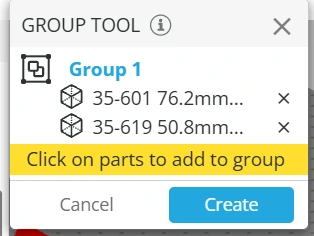 The Group tool floating panel listing two parts under Group 1, with the prompt Click on parts to add to group, and Cancel and Create buttons