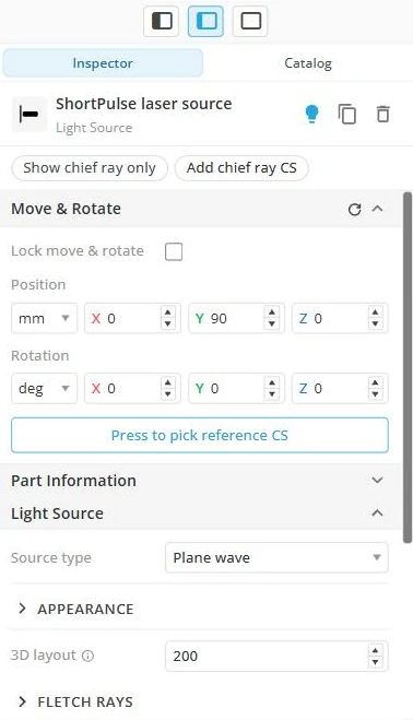 The Inspector for a plane-wave laser source: Move and Rotate with position and rotation fields and a Press to pick reference CS button, then the Light Source section with Source type, Appearance and a 3D layout ray count