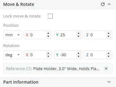 The Move & Rotate panel: Lock move & rotate checkbox, Position X/Y/Z in mm, Rotation X/Y/Z in degrees, and a Reference CS card naming a plate holder with a remove control