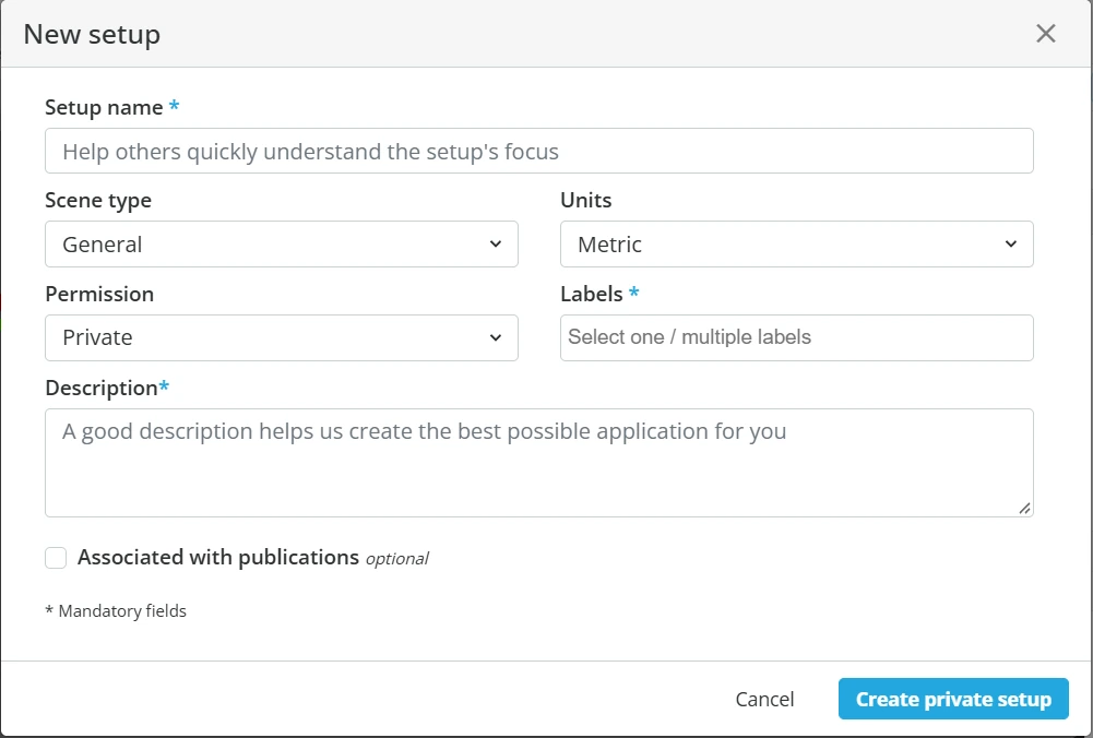 The New setup dialog with fields for Setup name, Scene type, Units, Permission, Labels, Description and an Associated with publications checkbox