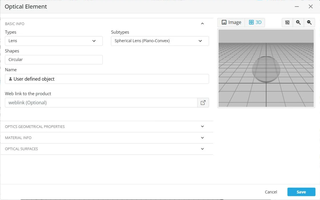 The Optical Element form with Basic Info open: Types, Subtypes, Shapes, Name and a product web link, a 3D preview on the right, and collapsed Optics Geometrical Properties, Material Info and Optical Surfaces sections