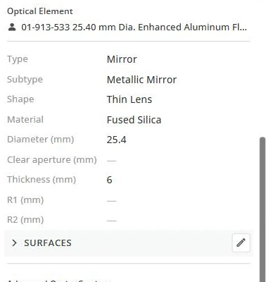 The Optics Settings section of the Inspector for a catalog mirror: Type, Subtype, Shape, Material, Diameter, Clear aperture, Thickness, R1, R2, a Surfaces disclosure and Advanced Optics Settings