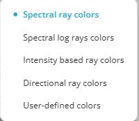 The Ray Colors dropdown listing Spectral ray colors, Spectral log rays colors, Intensity based ray colors, Directional ray colors and User-defined colors