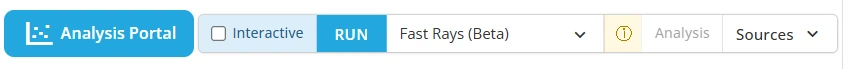 The run controls: Analysis Portal button, Interactive checkbox, RUN button, simulation-mode dropdown showing Fast Rays (Beta), an Analysis status field and a Sources dropdown