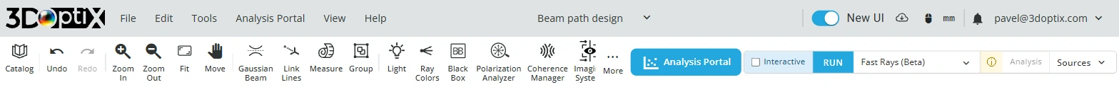 The top menu bar and header toolbar: Catalog, Undo, Redo, Zoom In, Zoom Out, Fit, Move, Gaussian Beam, Link Lines, Measure, Group, Light, Ray Colors, Black Box, Polarization Analyzer, Coherence Manager, Imaging System, More, then Analysis Portal, Interactive, RUN, the simulation mode and Sources