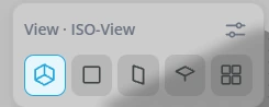 The View · ISO-View panel with five preset buttons: isometric, three orthographic views and 4 panes, plus a settings control